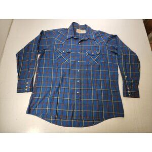 Saddle King Western Mens Shirt Cowboy Pearl Snap Blue Plaid 17.5 Vintage